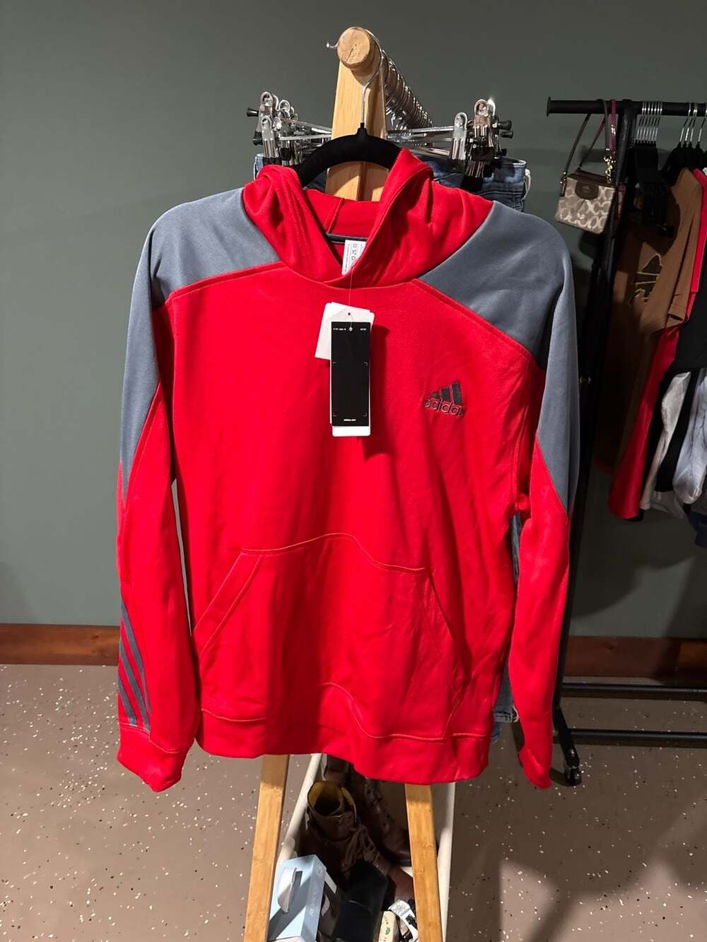 Adidas Climawarm Red & Grey 3-Stripe Pullover Hoodie Size L